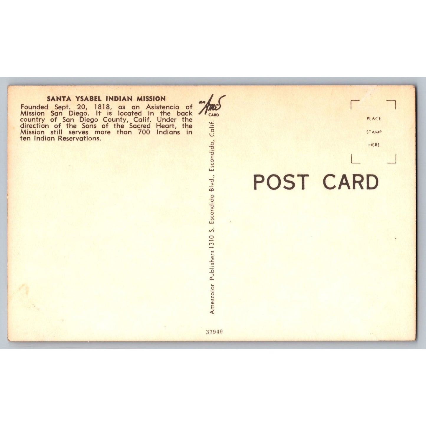Santa Ysabel CA California Indian Mission Chrome Postcard Unused