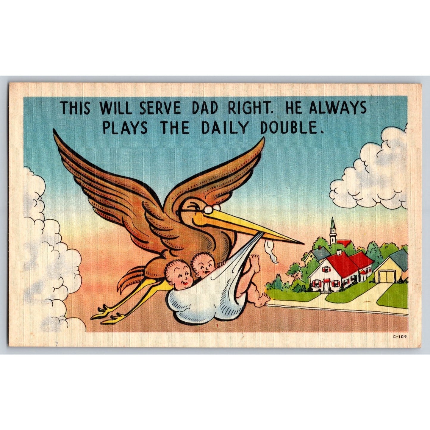 Comic Postcard Humor Dad Plays Daily Double Stork with Twins Linen Unused