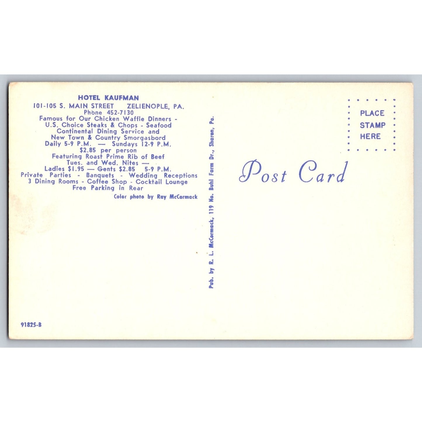 Zelienople PA Pennsylvania Hotel Kaufman Dining Room Chrome Postcard McCormack