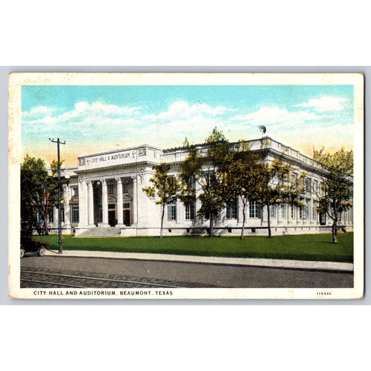 Beaumont TX Texas City Hall & Auditorium 1934 White Border Postcard Used