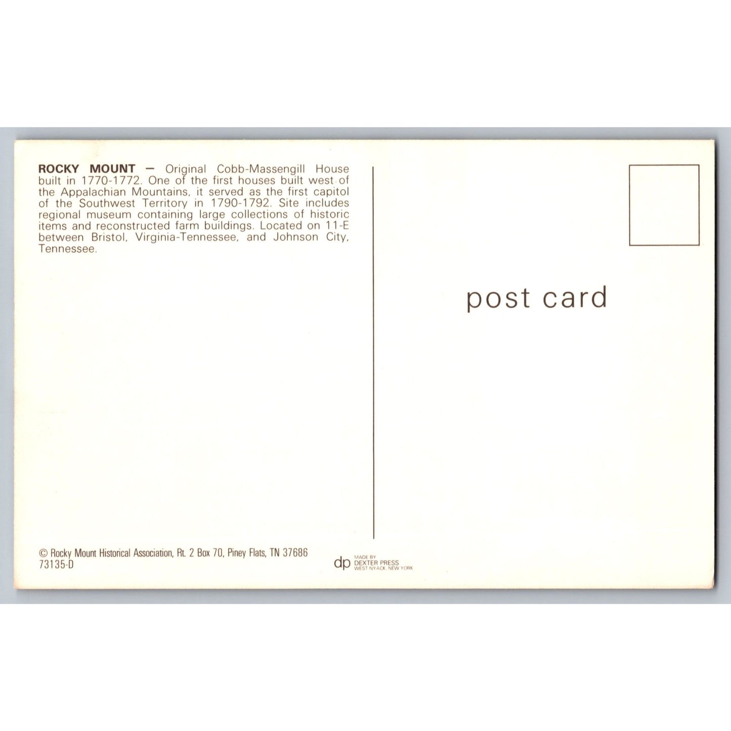 Piney Flats TN Tennessee Rocky Mount Cobb-Massengill Log House Chrome Postcard