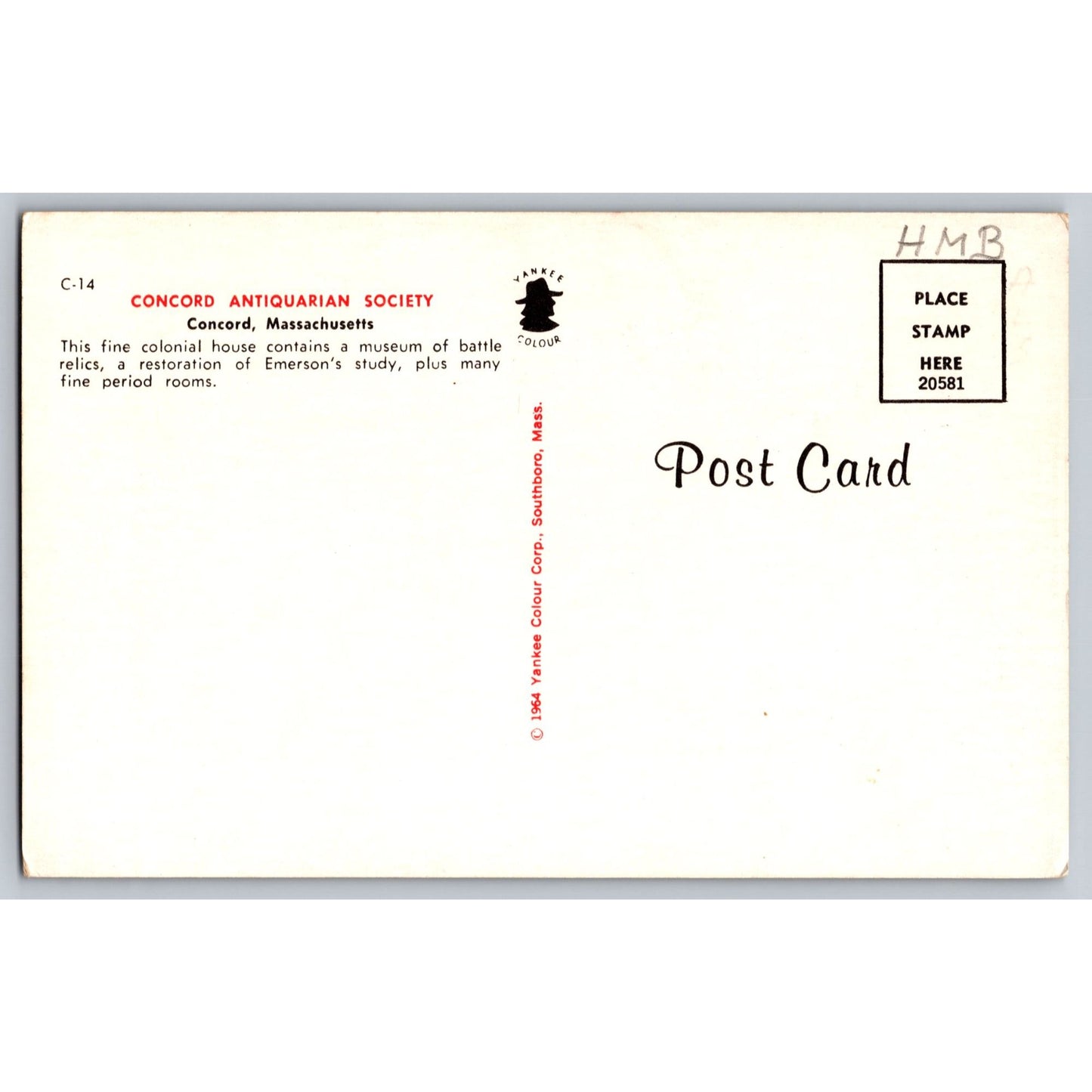 Concord MA Massachusetts Antiquarian Society Museum 1964 Chrome Postcard
