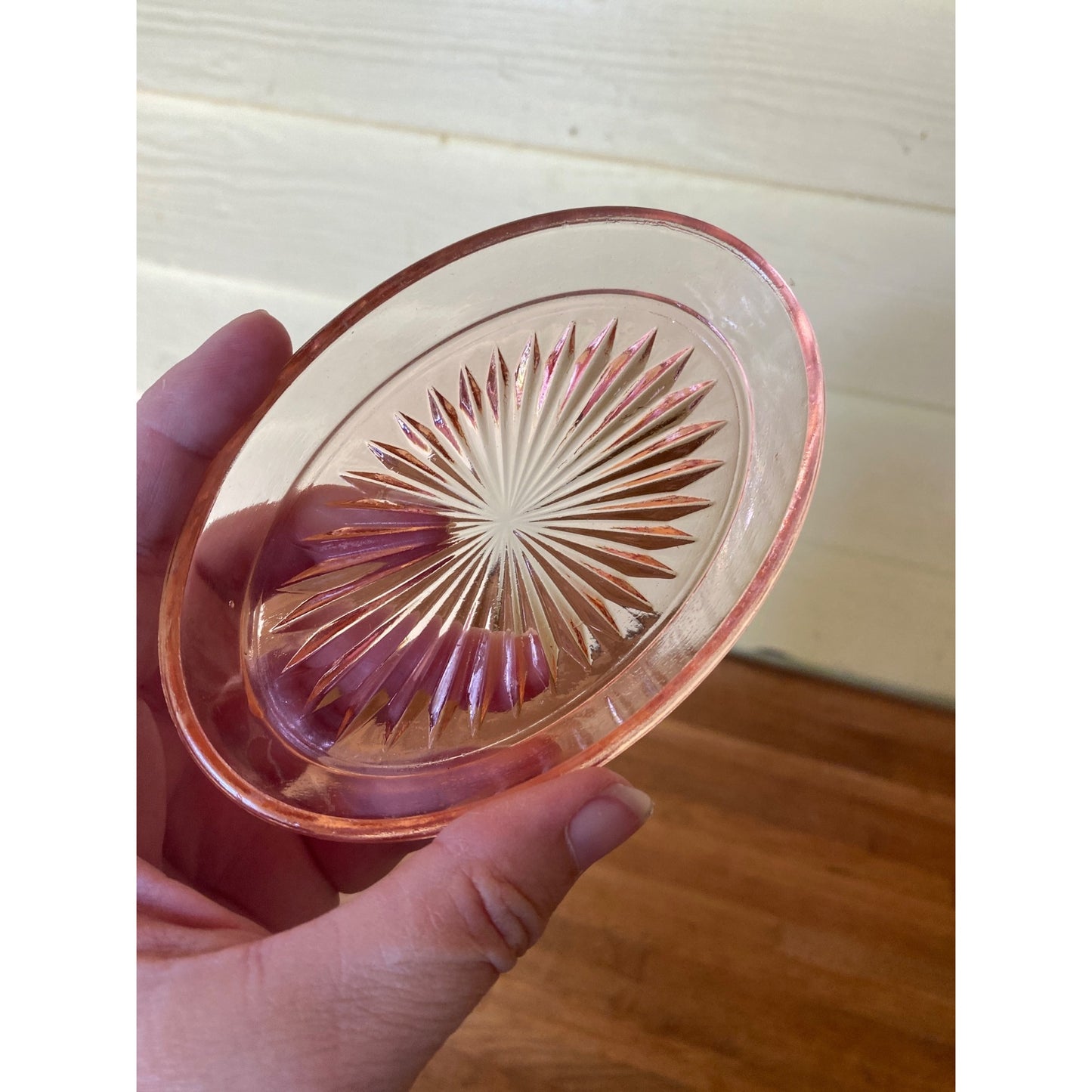 Vintage Pink Depression Glass Oval Relish Dish With Starburst Design