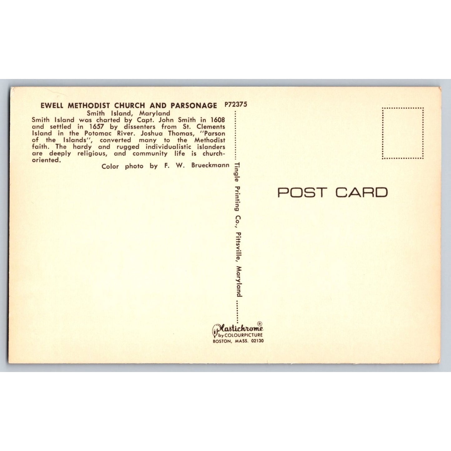 Smith Island MD Maryland Ewell Methodist Church Chrome Postcard Unused