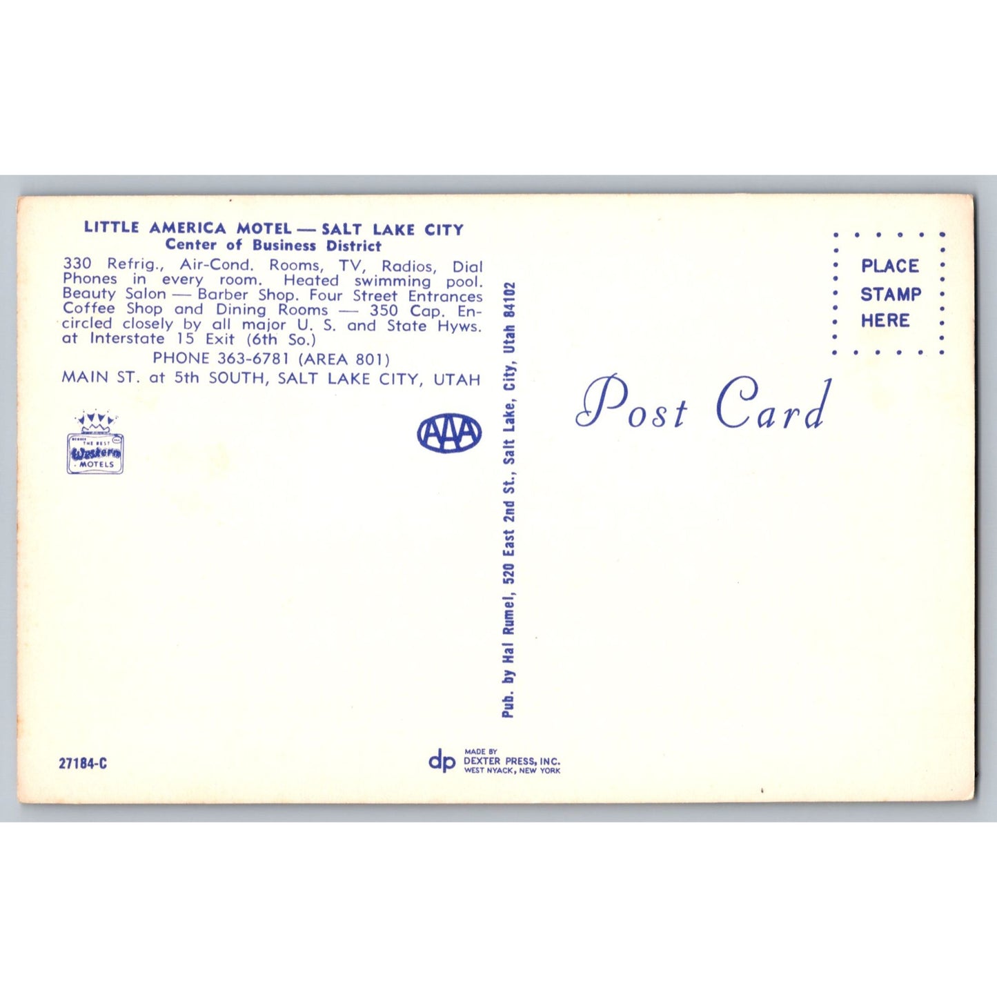 Salt Lake City UT Utah Little America Motel Chrome Postcard Unused Hal Rumel