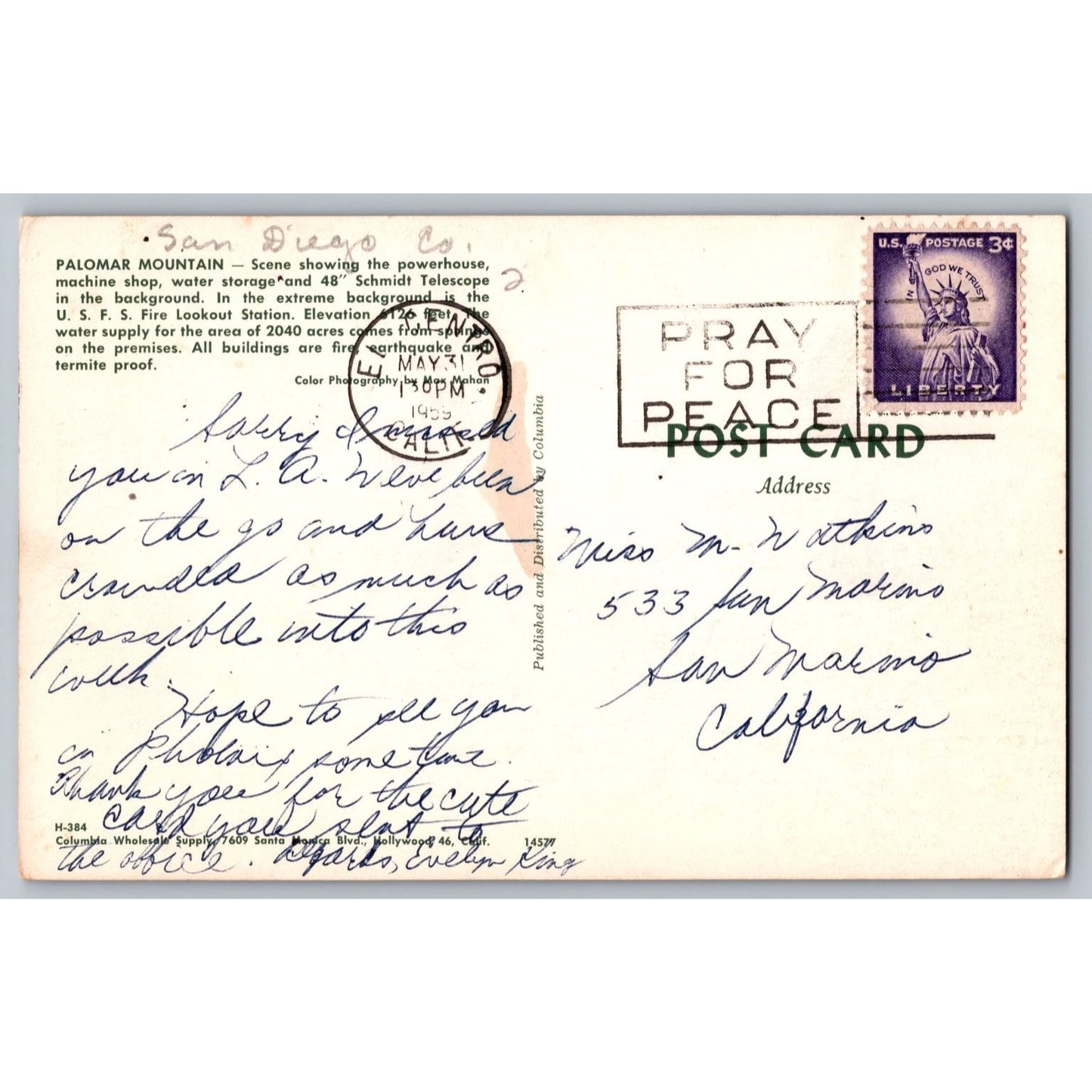 San Diego CA Palomar Mtn Powerhouse Machine Shop Schmidt Telescope Postcard