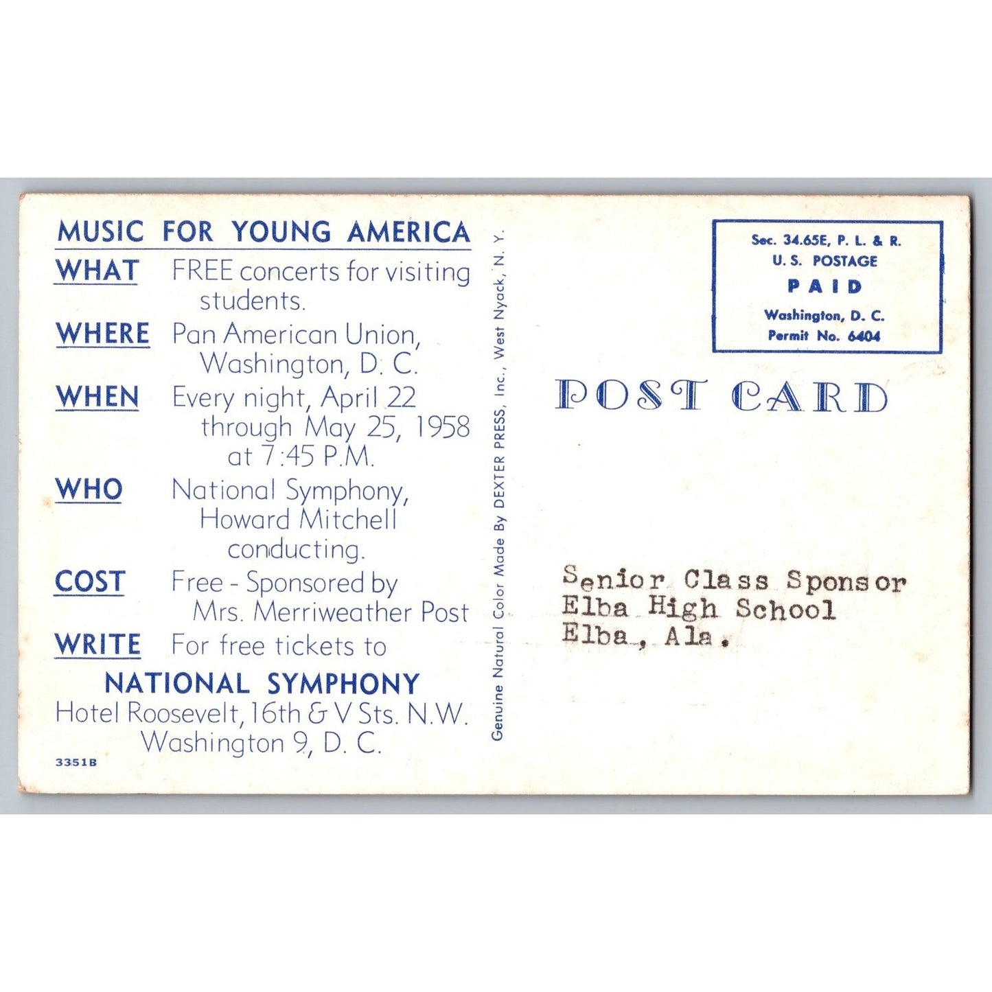Washington DC National Symphony Concert Pan American Union 1958 Postcard