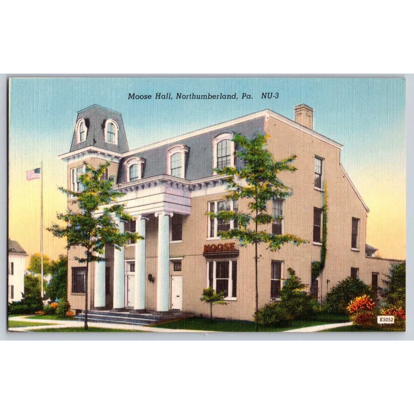 Northumberland PA Pennsylvania Moose Hall Linen Postcard Unused Mebane Greeting