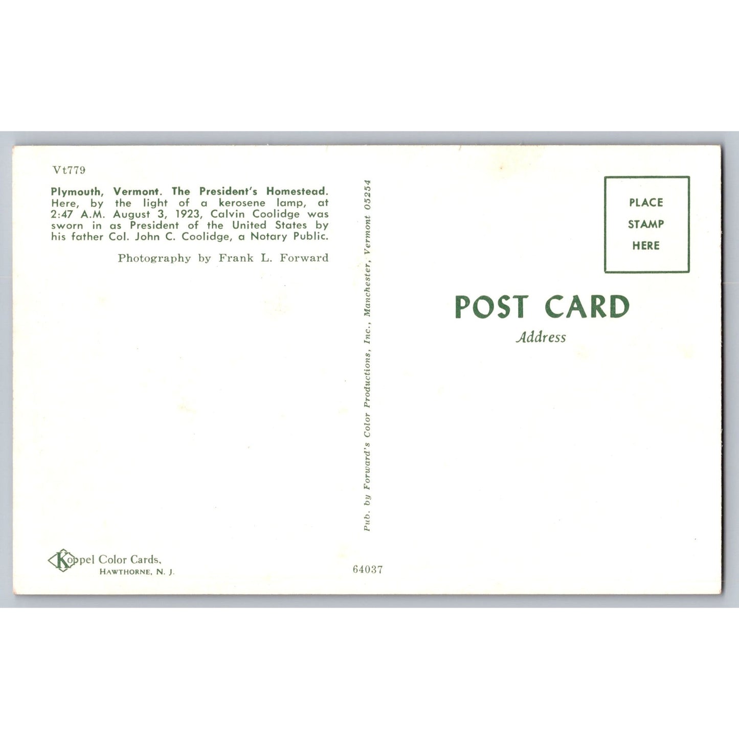 Plymouth Notch VT Vermont Calvin Coolidge Homestead Postcard Frank L Forward