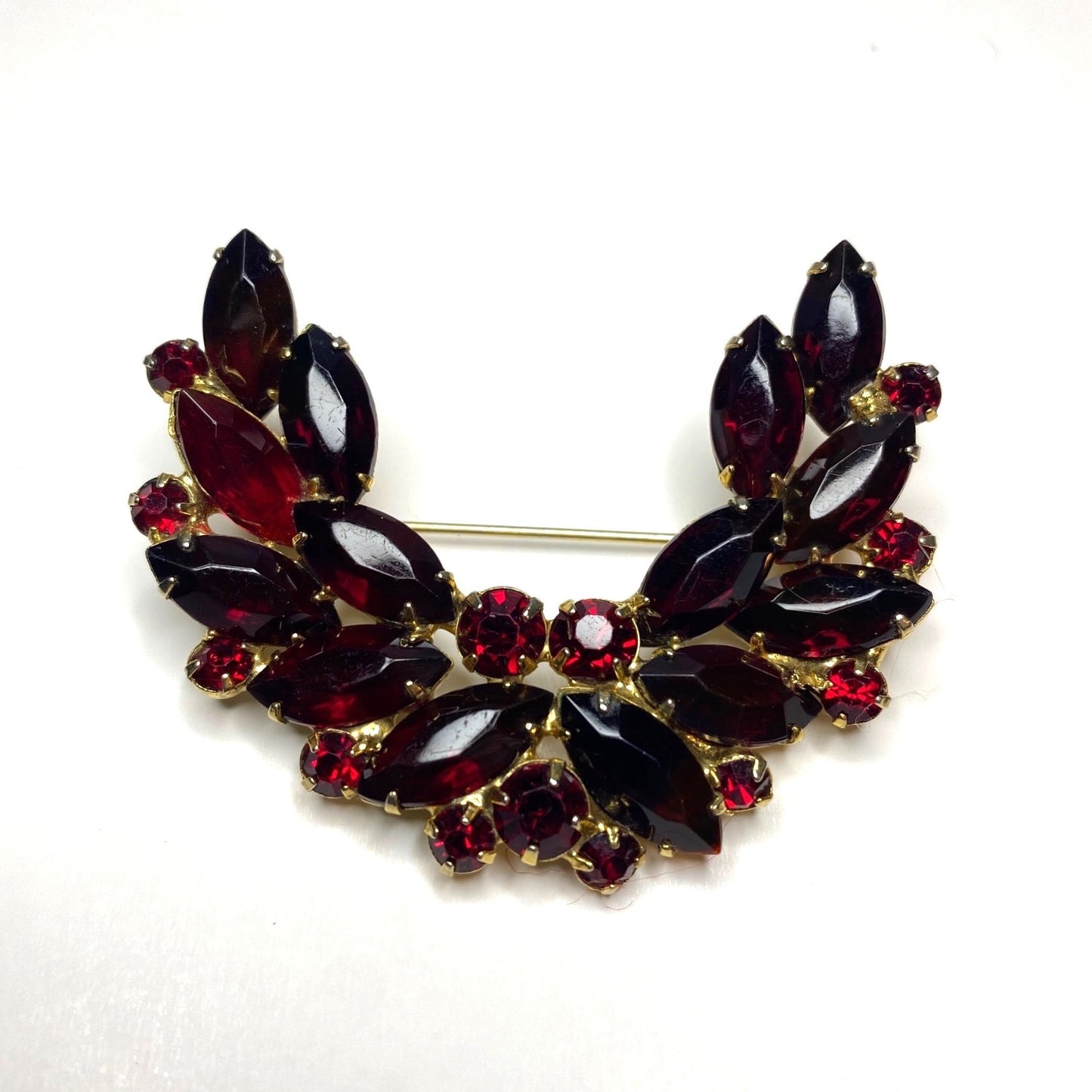 Vintage Brooch Red Rhinestone Gold Tone Floral Wreath Marquise Round Cut Stones