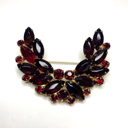 Vintage Brooch Red Rhinestone Gold Tone Floral Wreath Marquise Round Cut Stones