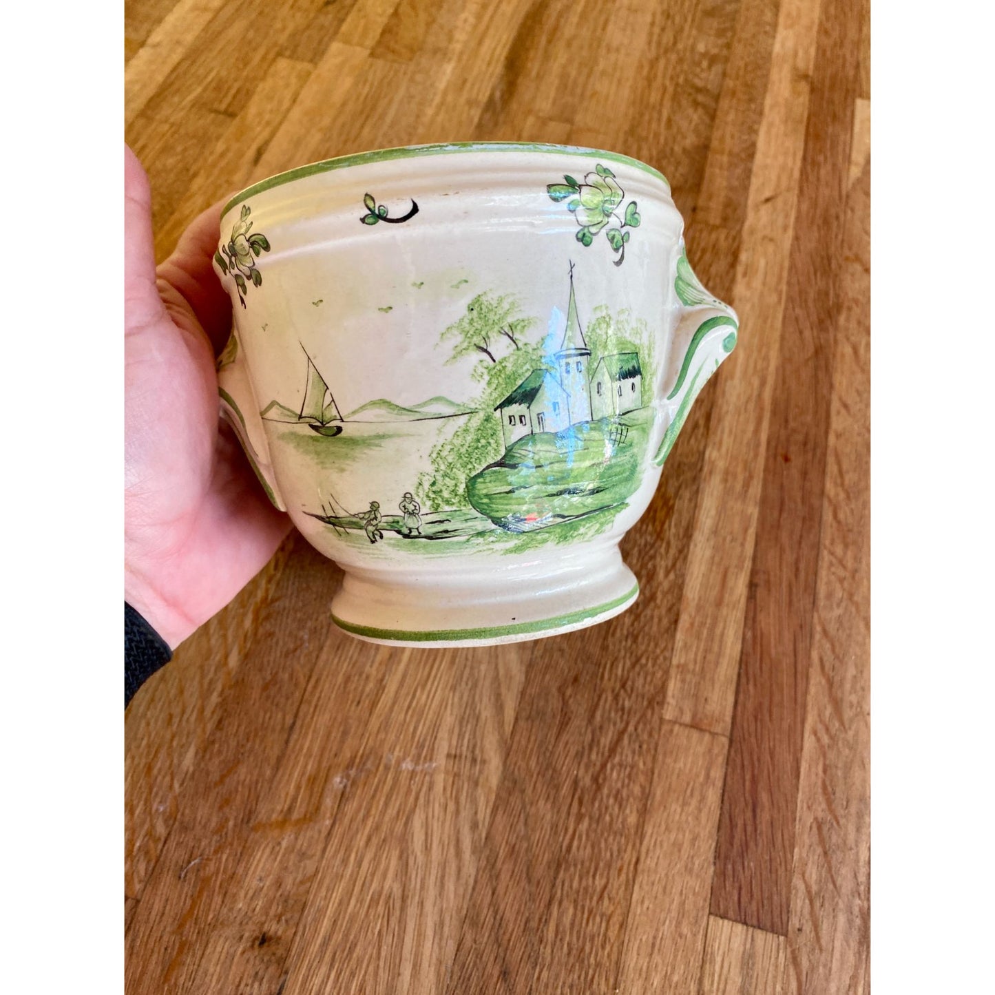 Hand-Painted French Ceramic Jardiniere Planter Pot With Scenic Design 5.5" Tall Green & Cream