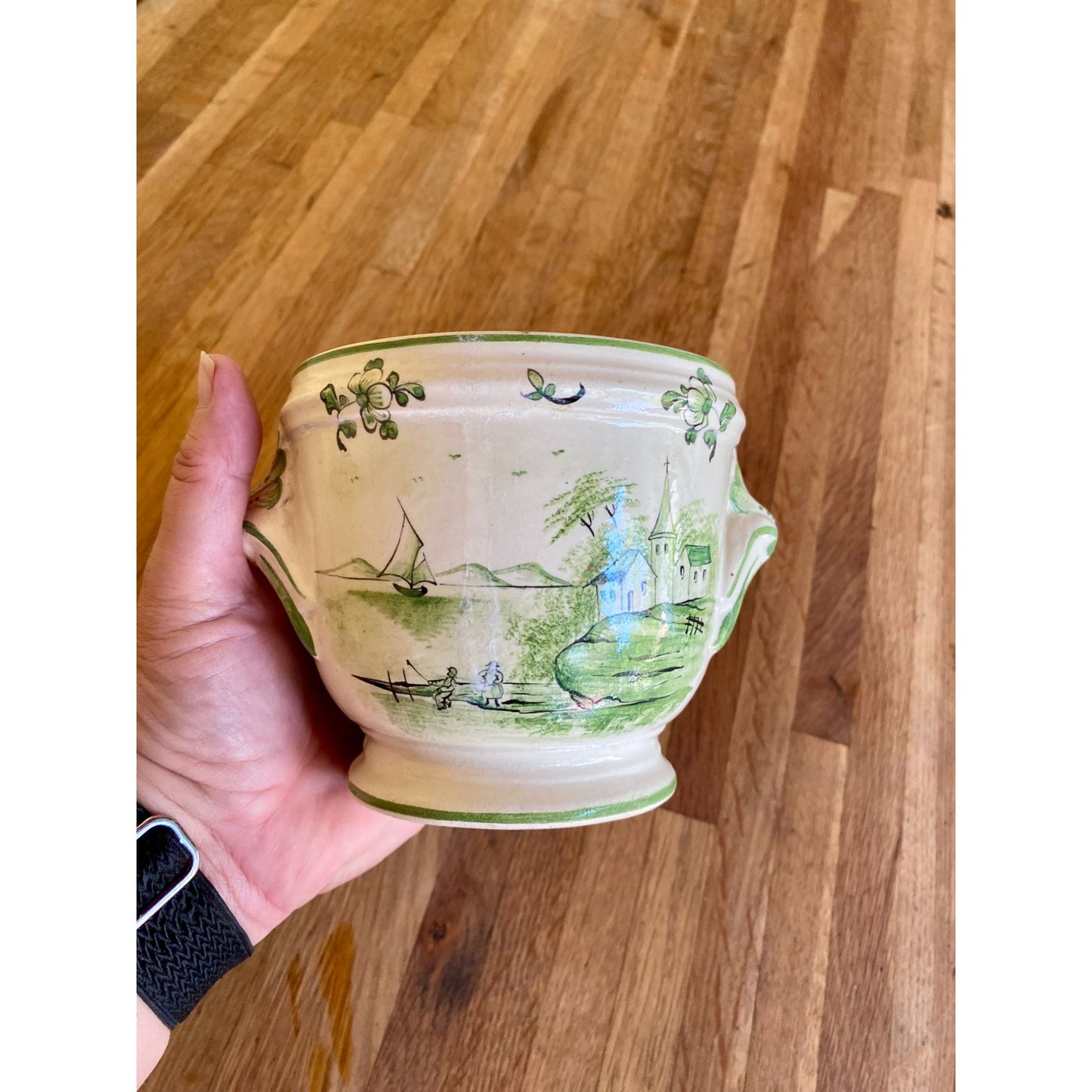 Hand-Painted French Ceramic Jardiniere Planter Pot With Scenic Design 5.5" Tall Green & Cream