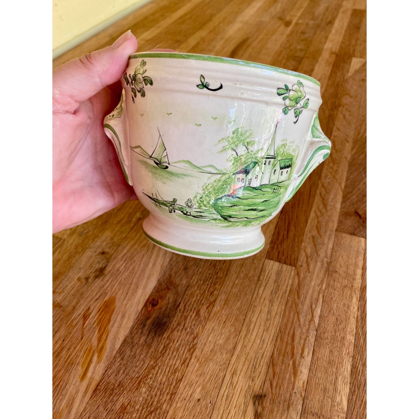 Hand-Painted French Ceramic Jardiniere Planter Pot With Scenic Design 5.5" Tall Green & Cream
