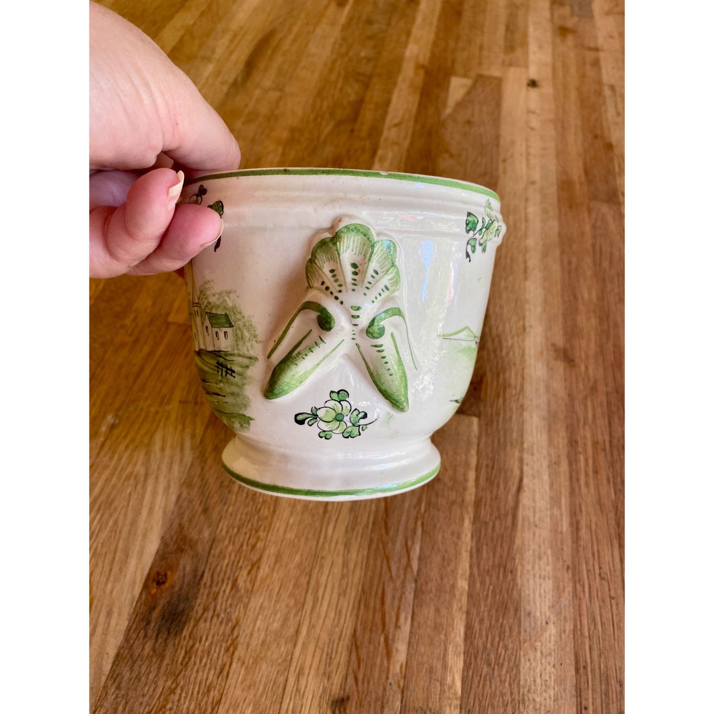 Hand-Painted French Ceramic Jardiniere Planter Pot With Scenic Design 5.5" Tall Green & Cream