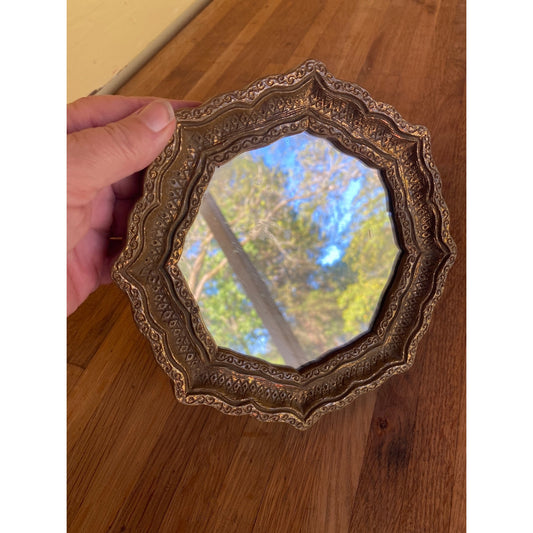 Vintage Ornate Gold Octagonal Mirror With Scalloped Metal Frame Wall Hanging Or Display