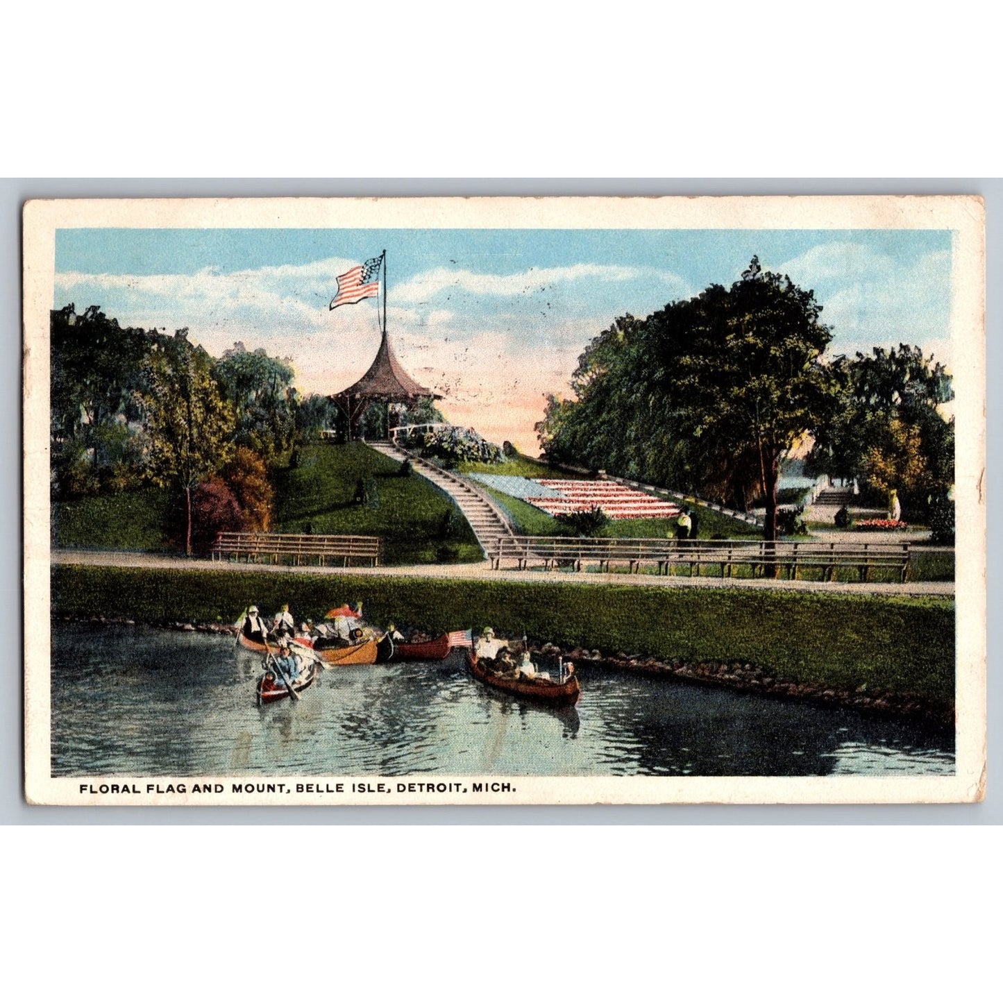 Detroit MI Michigan Belle Isle Floral Flag and Mount 1914 White Border Postcard