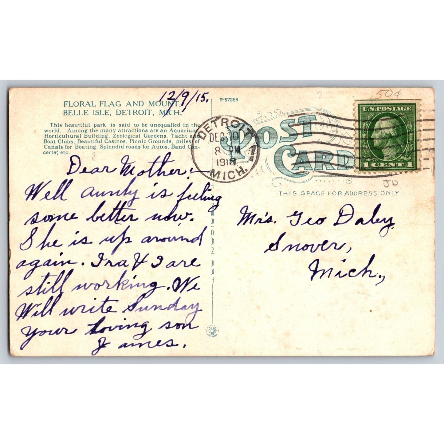 Detroit MI Michigan Belle Isle Floral Flag and Mount 1914 White Border Postcard