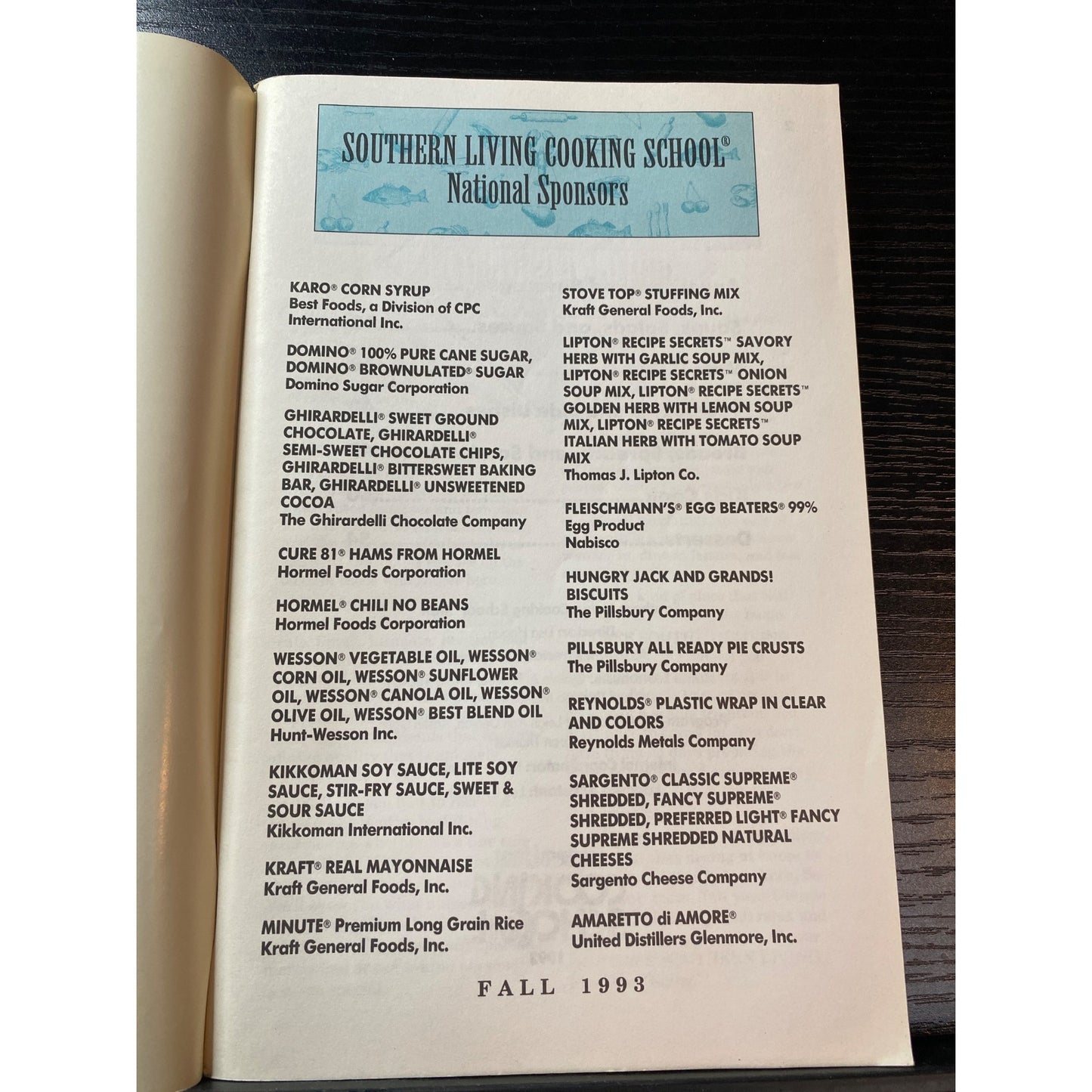 Southern Living Cooking School Recipe Book 1993