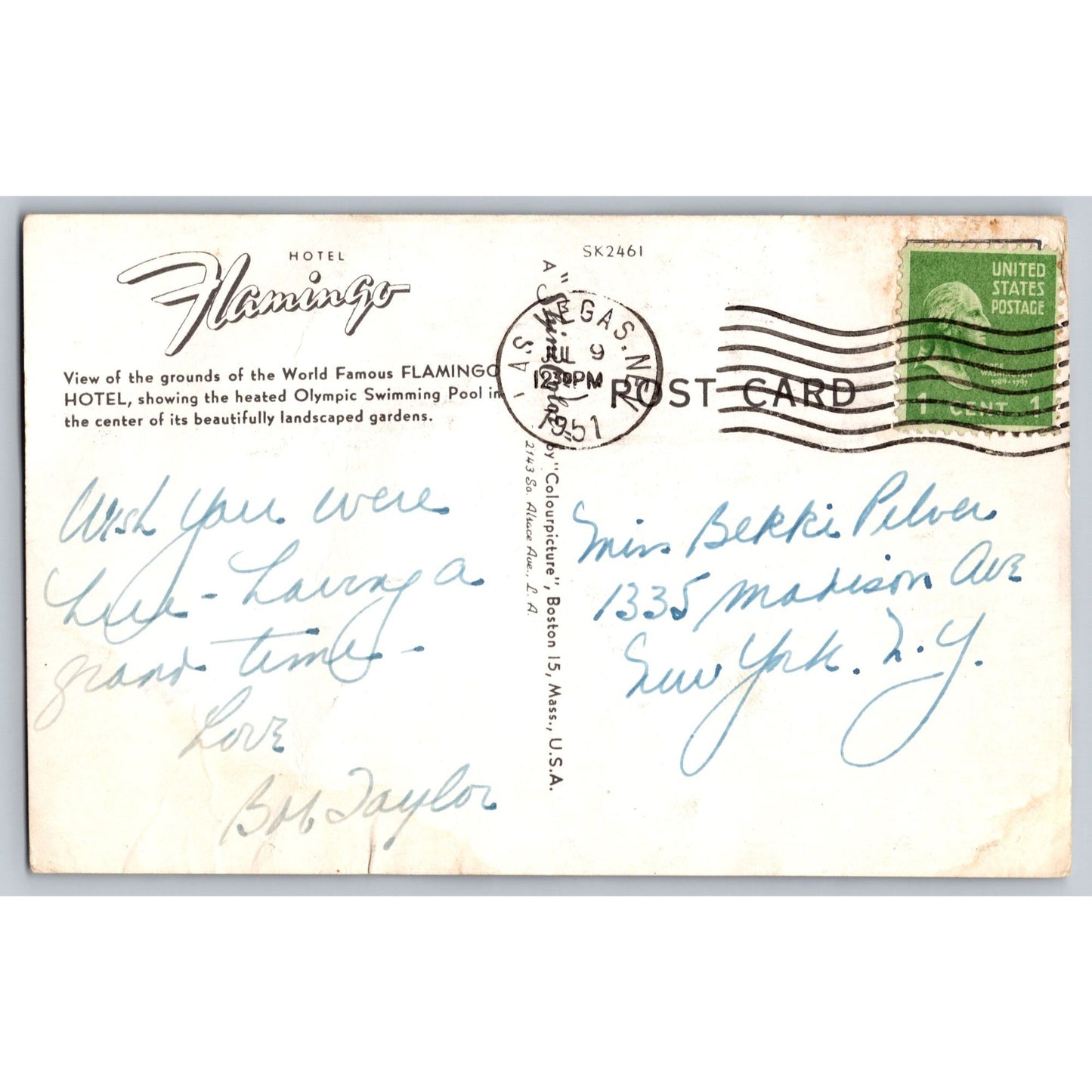 Las Vegas NV Nevada Hotel Flamingo Illustrated Postcard 1950s