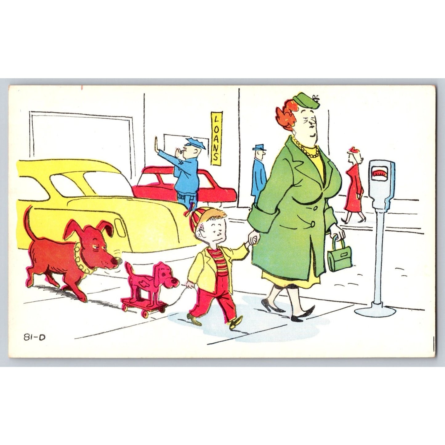 Comic Postcard Boy with Toy Dog & Woman in Green Coat Laff Gram Illustrated