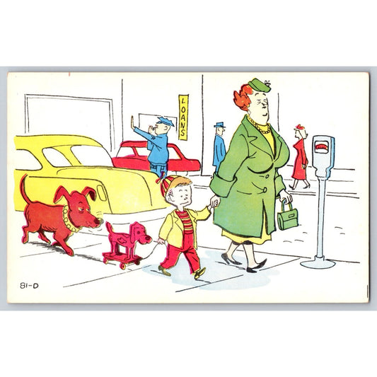 Comic Postcard Boy with Toy Dog & Woman in Green Coat Laff Gram Illustrated