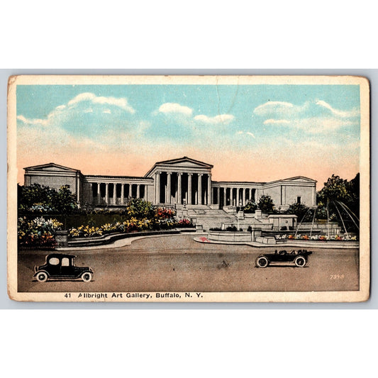 Buffalo NY New York Albright Art Gallery White Border Postcard Antique Cars
