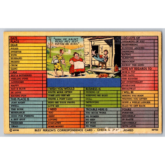 Comic Postcard Busy Persons Correspondence Color-Litho Humor Card 1950s