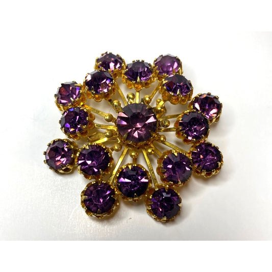 Vintage Amethyst Purple Rhinestone Gold-Tone Starburst Brooch Pin Mid-Century