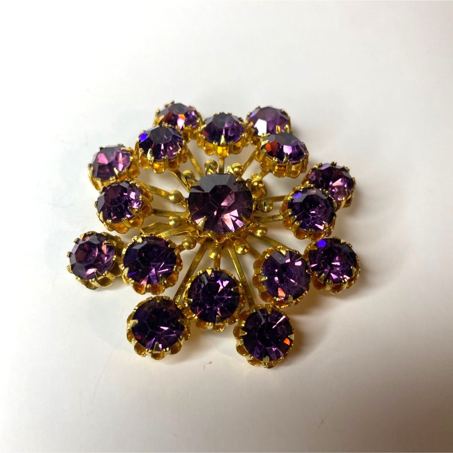 Vintage Amethyst Purple Rhinestone Gold-Tone Starburst Brooch Pin Mid-Century
