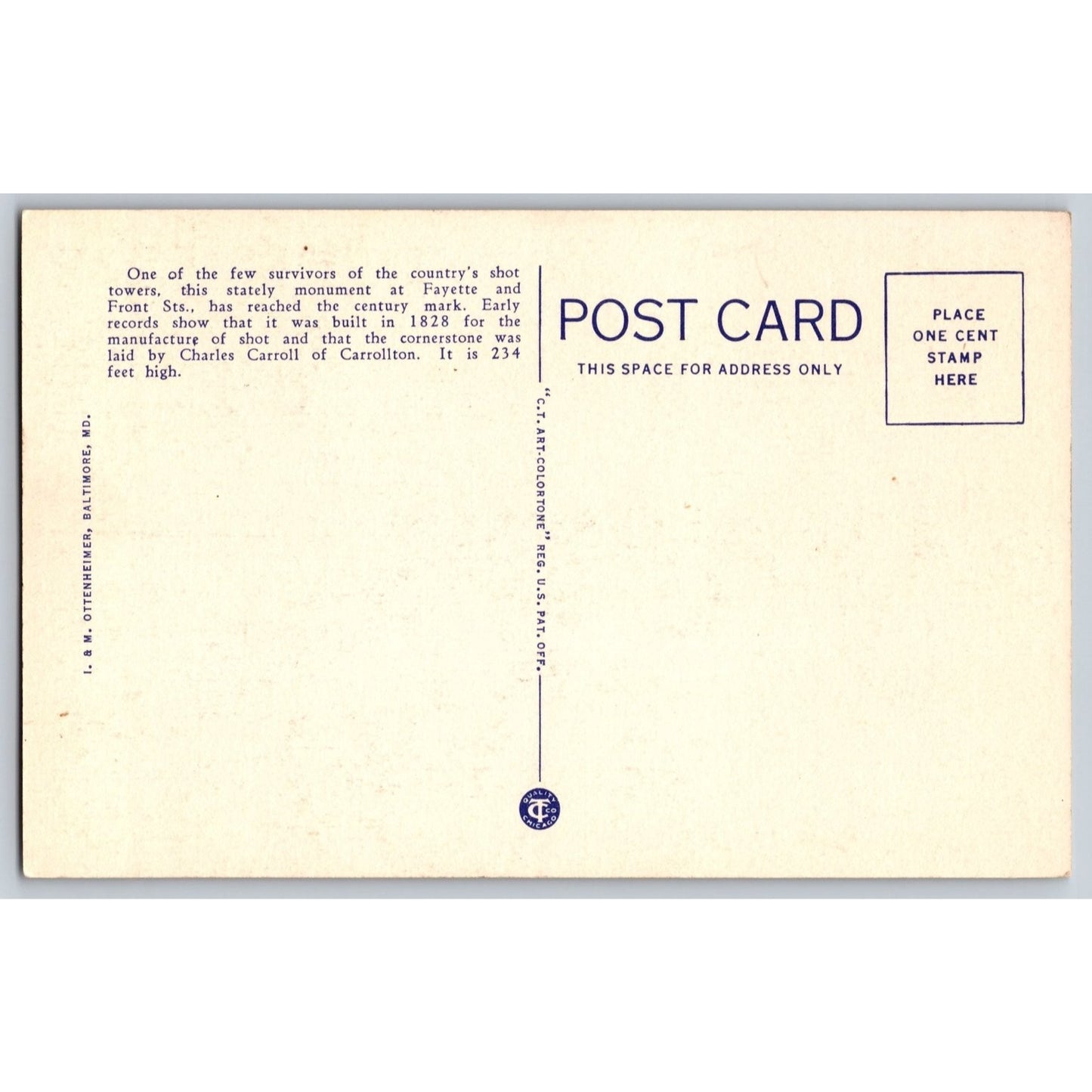 Baltimore MD Maryland Shot Tower Fayette Front Streets White Border Postcard