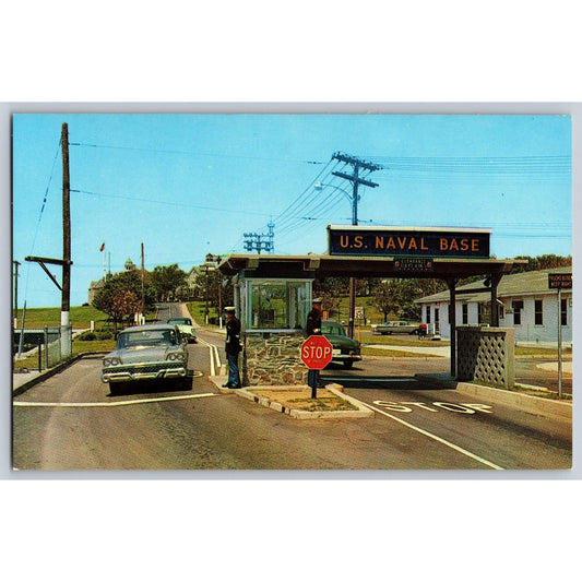 Newport RI Rhode Island US Naval Base Main Gate 1950s Chrome Postcard Unused