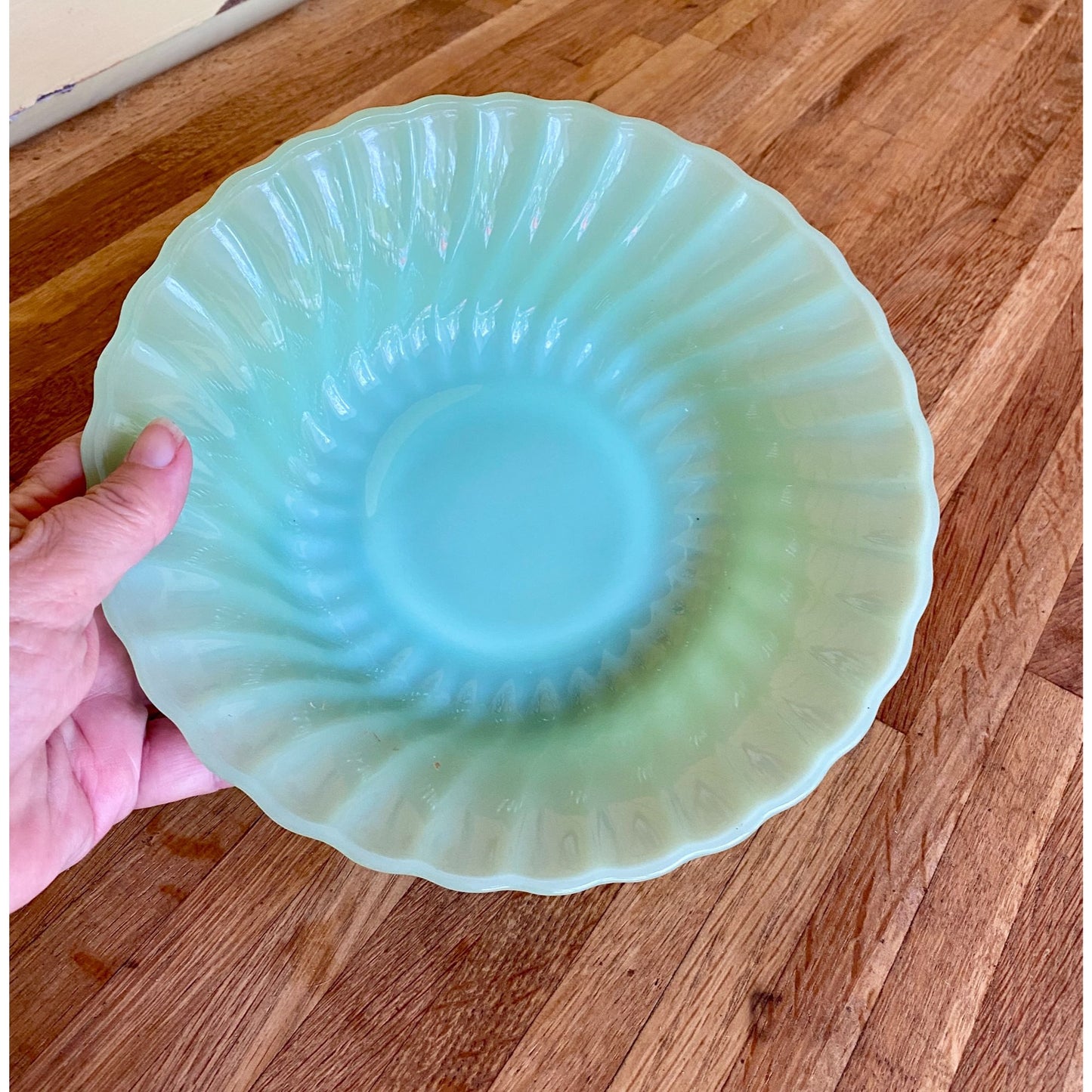 Anchor Hocking Fire-King Jadeite Swirl Bowl 9" Vintage Scalloped Edge USA Made