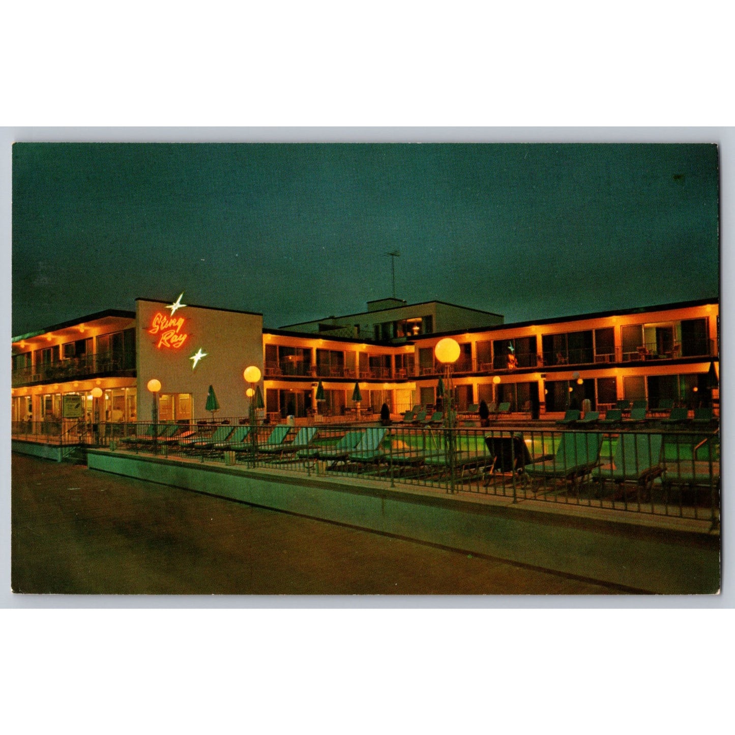 Ocean City NJ New Jersey Sting Ray Motor Inn Night View 1967 Chrome Postcard