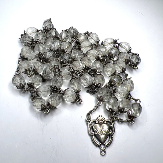 Sterling Silver Rosary Necklace Faceted Crystal Clear Glass Beads Ornate Heart