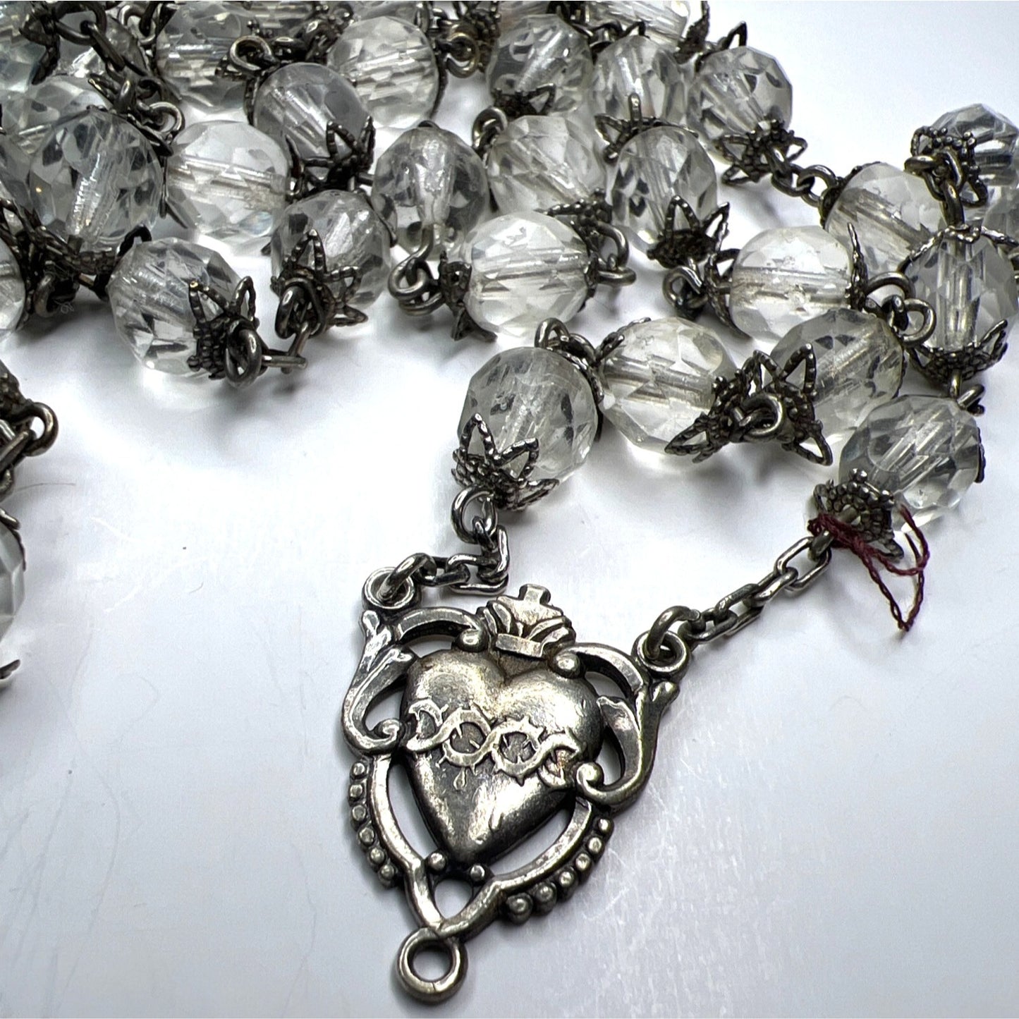Sterling Silver Rosary Necklace Faceted Crystal Clear Glass Beads Ornate Heart