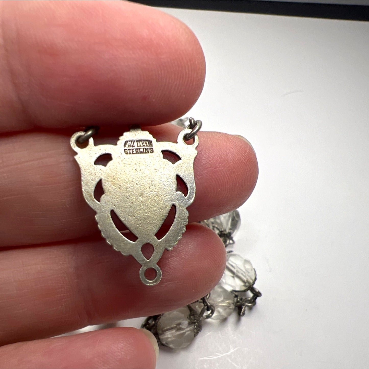 Sterling Silver Rosary Necklace Faceted Crystal Clear Glass Beads Ornate Heart