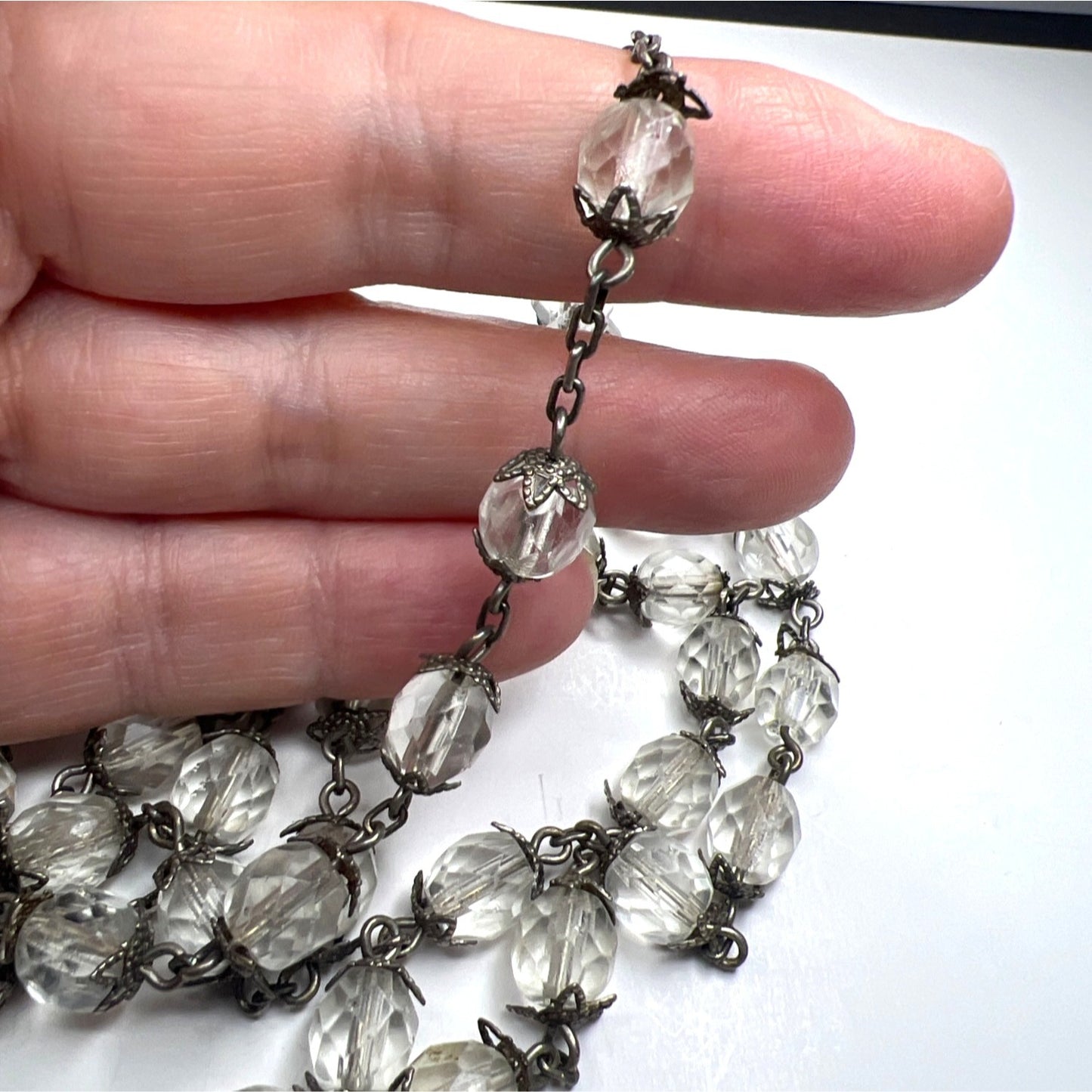 Sterling Silver Rosary Necklace Faceted Crystal Clear Glass Beads Ornate Heart