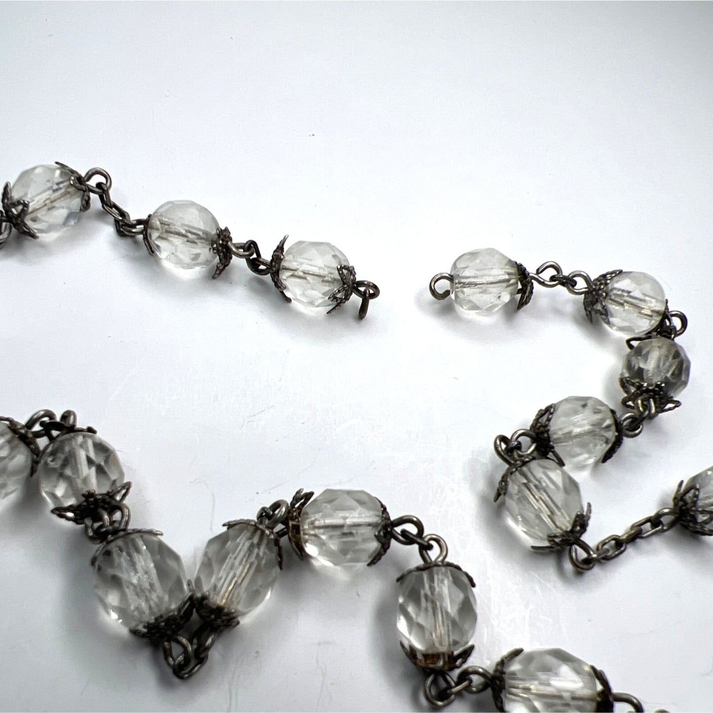 Sterling Silver Rosary Necklace Faceted Crystal Clear Glass Beads Ornate Heart
