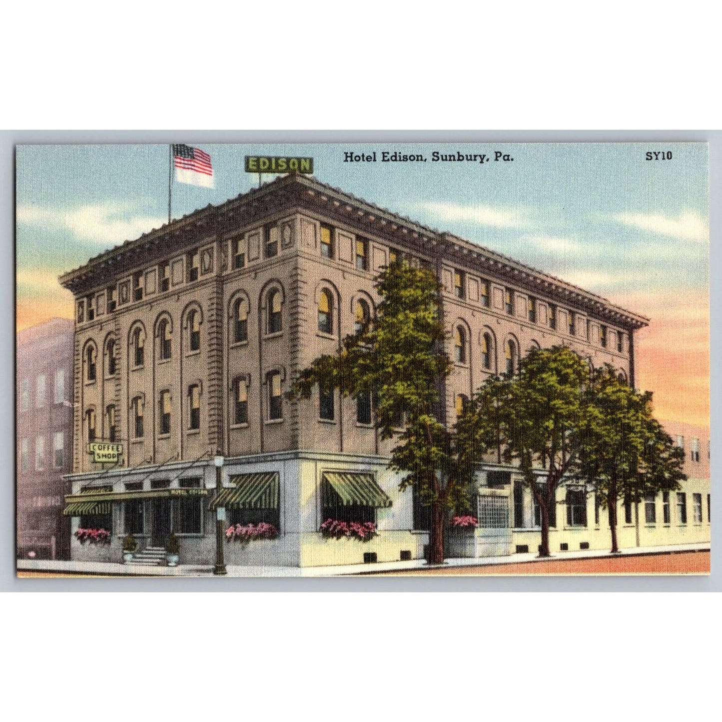 Sunbury PA Pennsylvania Hotel Edison Linen Postcard Unused Mebane Greeting Co