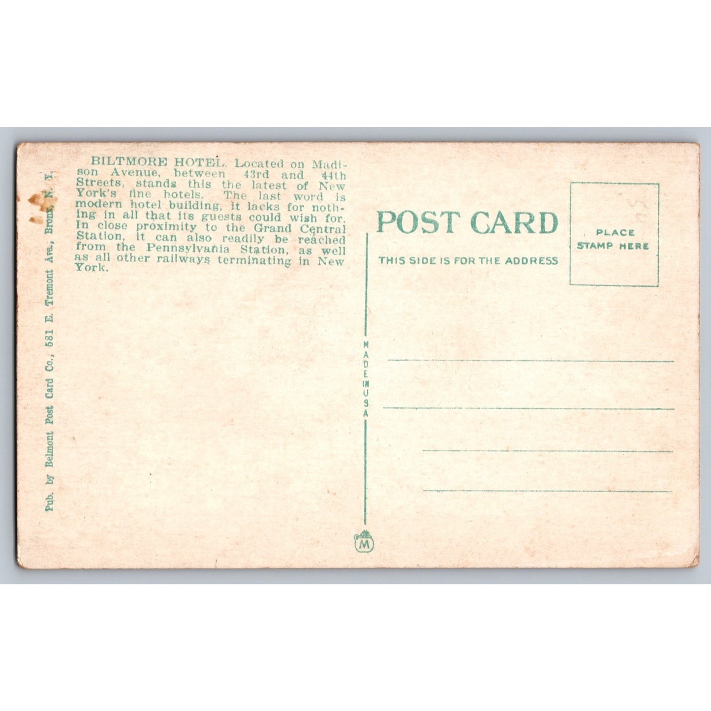 New York City NY Biltmore Hotel 1930s White Border Postcard Unused