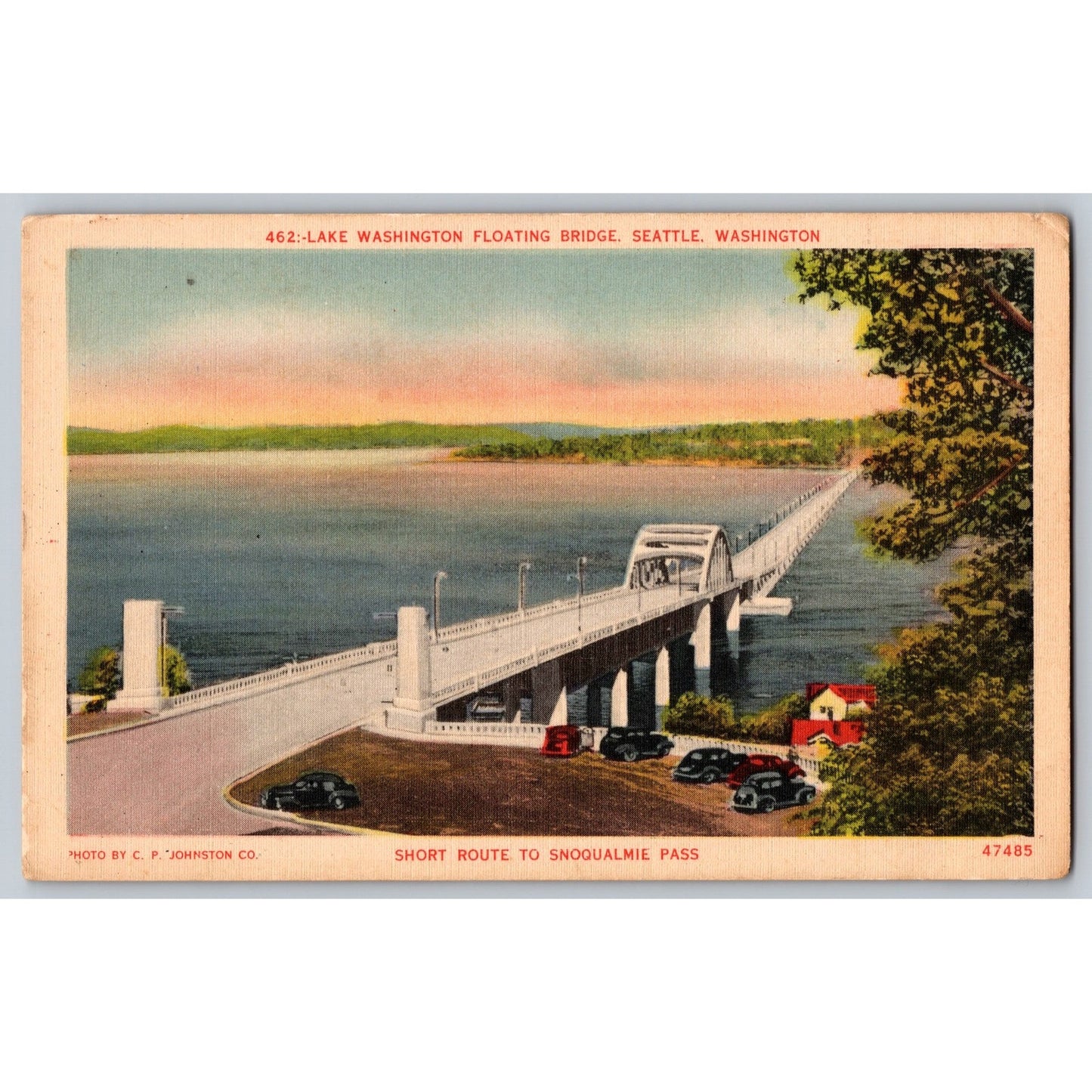 Seattle WA Lake Washington Floating Bridge White Border Postcard C P Johnston