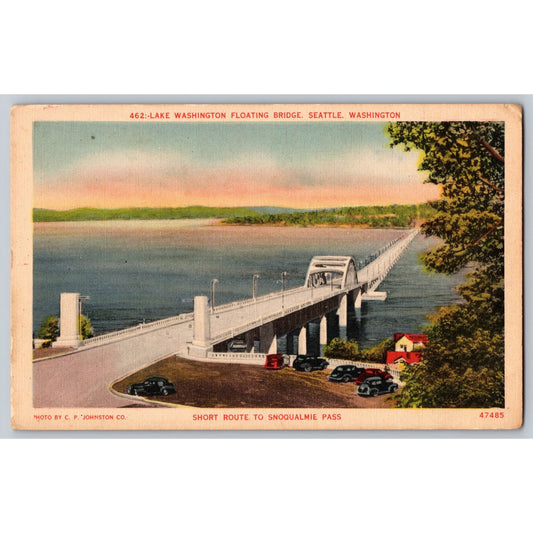 Seattle WA Lake Washington Floating Bridge White Border Postcard C P Johnston