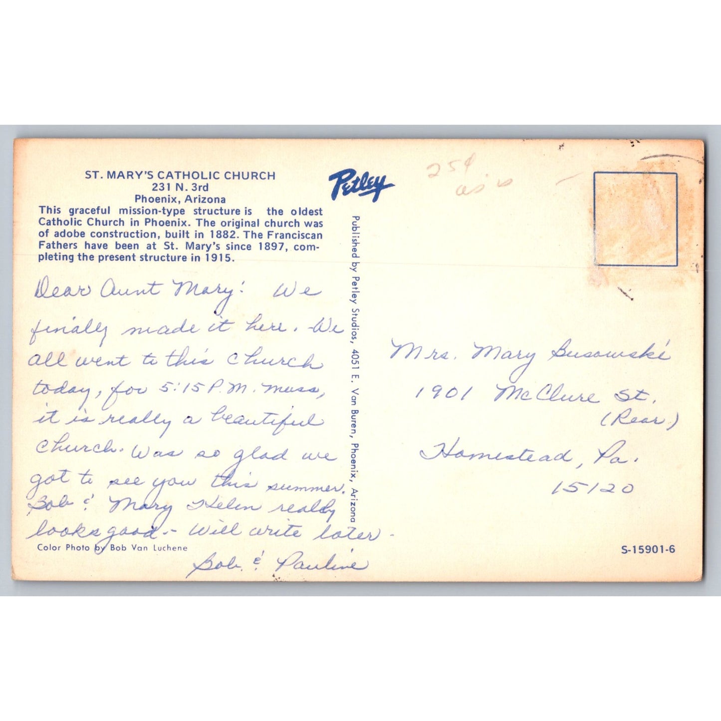Phoenix AZ Arizona St Marys Catholic Church Chrome Postcard Used No Stamp