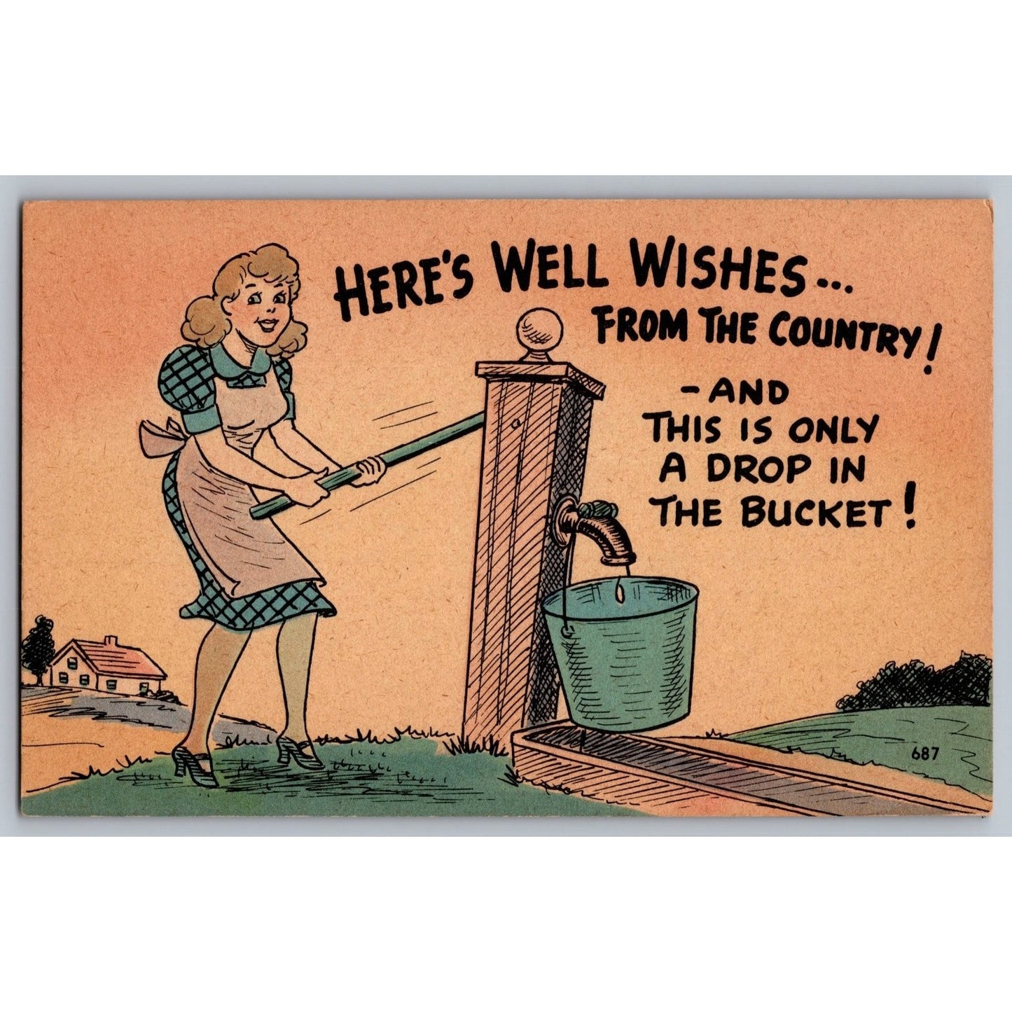 Comic Postcard Humorous Country Girl Pumping Water Well Wishes 1930s Unused