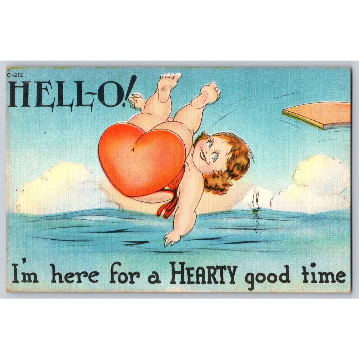 Comic Postcard Humorous Hello Hearty Good Time Diving Girl Linen Unused