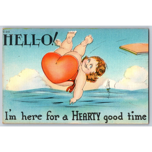 Comic Postcard Humorous Hello Hearty Good Time Diving Girl Linen Unused