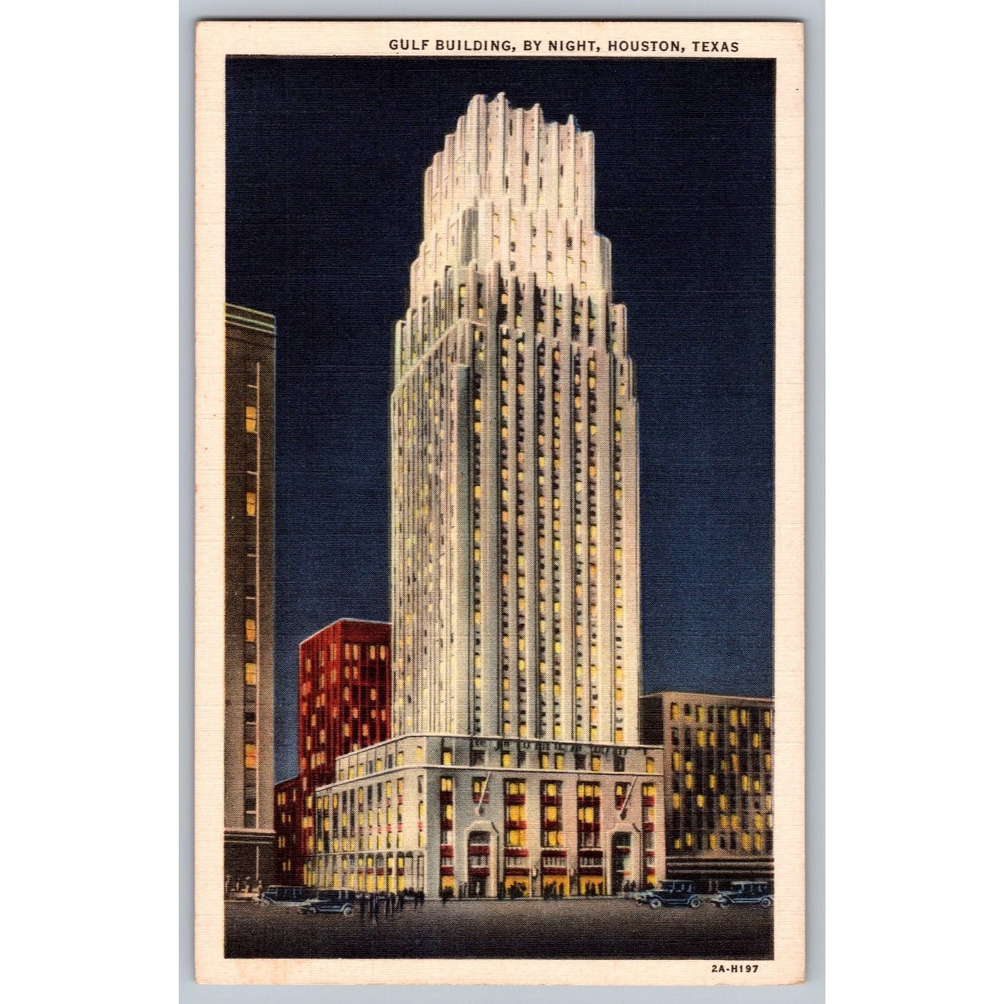 Houston TX Texas Gulf Building at Night 1930s White Border Postcard Unused