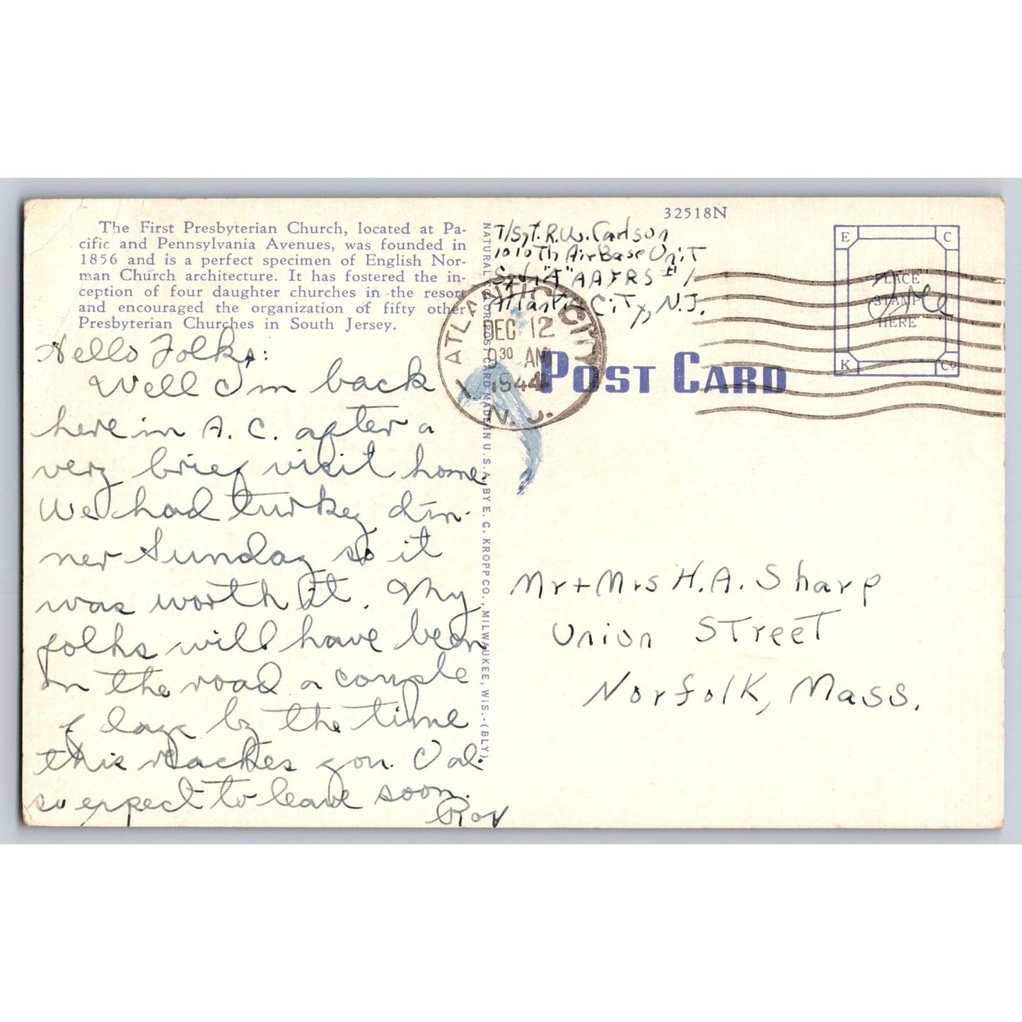 Atlantic City NJ New Jersey First Presbyterian Church Linen Postcard 1940s