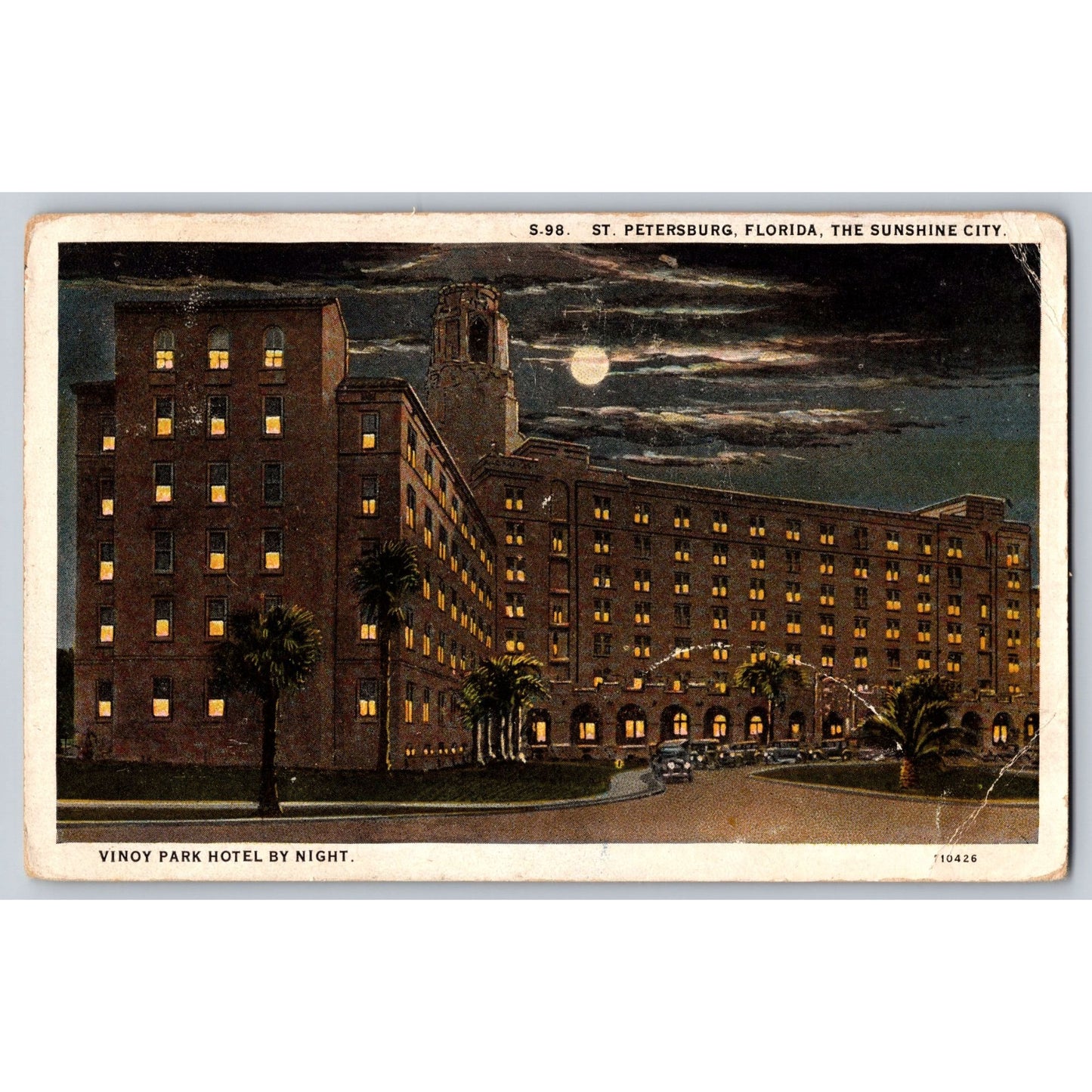St Petersburg FL Florida Vinoy Park Hotel Night 1930s White Border Postcard Used